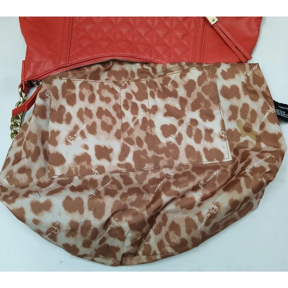 B. Makowsky Red Leather Quilted Chain Strap Zipper Hobo Shoulder Bag